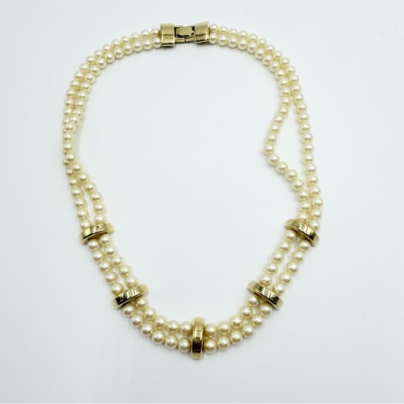 Vintage Monet Gold Tone accents and Faux Pearls Beads 2 Strand Necklace - Picture 3 of 8